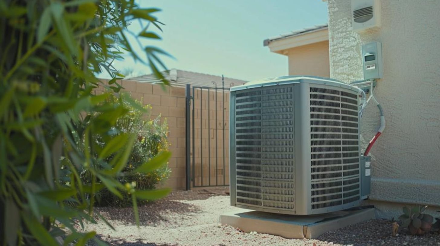 ac unit on gravel next to a fence in Arizona climate